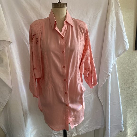 Vintage 80s Peach Long Sleeve Dolman Button Down Tunic, sz. M - Picture 1 of 10